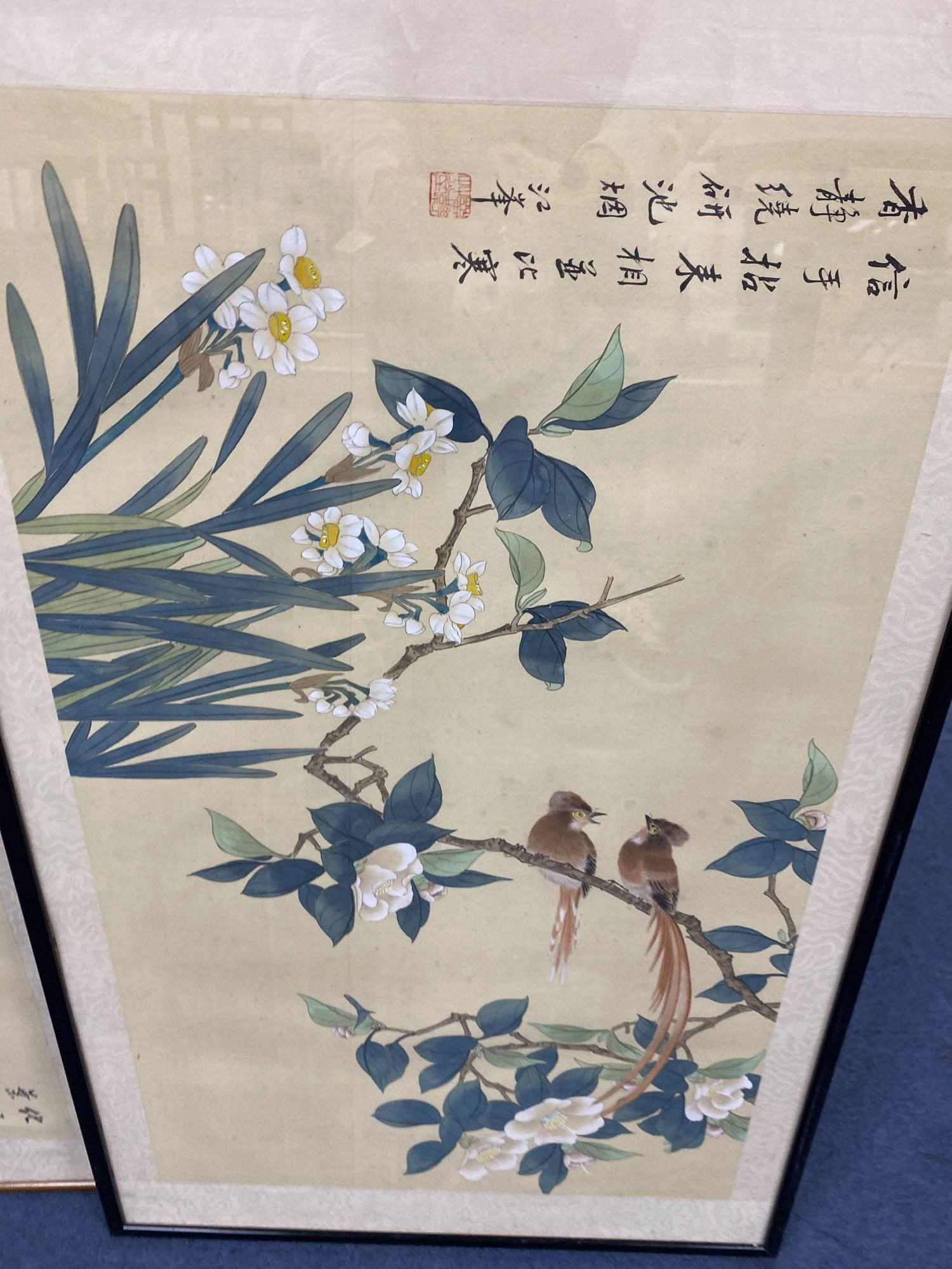 Two Chinese gouaches on silk, birds and blossom, signed, 40 x 67cm.